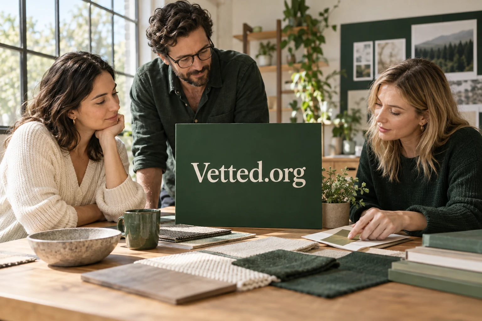 Collaborative review around a table with Vetted.org materials